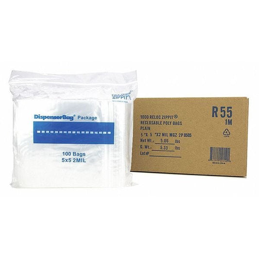 Clear Reclosable Bags, 2 mil, 5"x5", PK1000, 5 L, 5 W, Clear