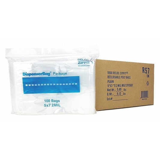 Clear Reclosable Bags, 2 mil, 5"x7", PK1000, 7 L, 5 W, Clear
