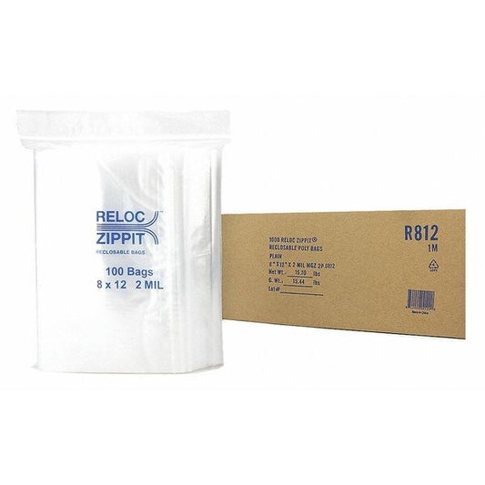 Clear Reclosable Bags, 2mil, 8"x12", PK1000, 12 L, 8 W, Clear