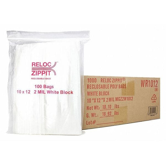 Clear Reclosable Bags, 2mil, 10x12", PK1000, 12 L, 10 W, White Block