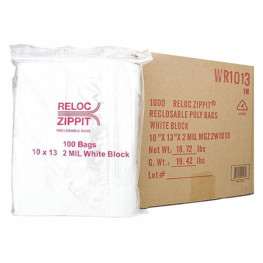 Clear Reclosable Bags, 2mil, 10x13", PK1000, 13 L, 10 W, White Block