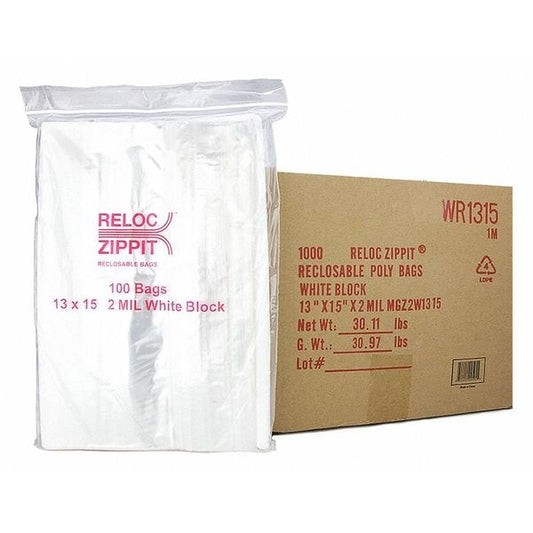 Clear Reclosable Bags, 2mil, 13x15", PK1000, 15 L, 13 W, White Block