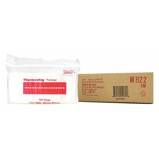 Clear Reclosable Bags, 2 mil, 2"x2", PK1000, 2 L, 2 W, White Block