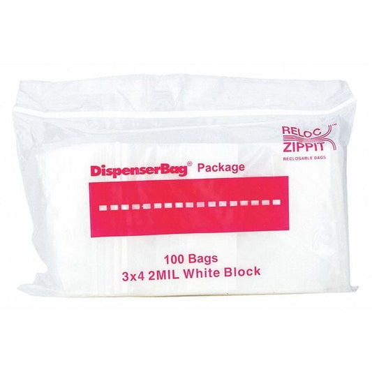 Clear Reclosable Bags, 2 mil, 3"x4", PK1000, 4 L, 3 W, White Block