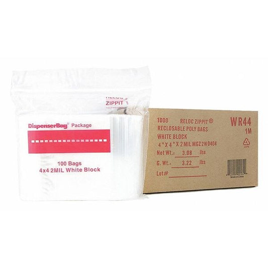 Clear Reclosable Bags, 2 mil, 4"x4", PK1000, 4 L, 4 W, White Block