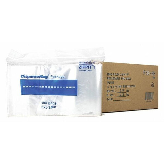 Clear Reclosable Bags, 2 mil, 5"x8", PK1000, 8 L, 5 W, Clear