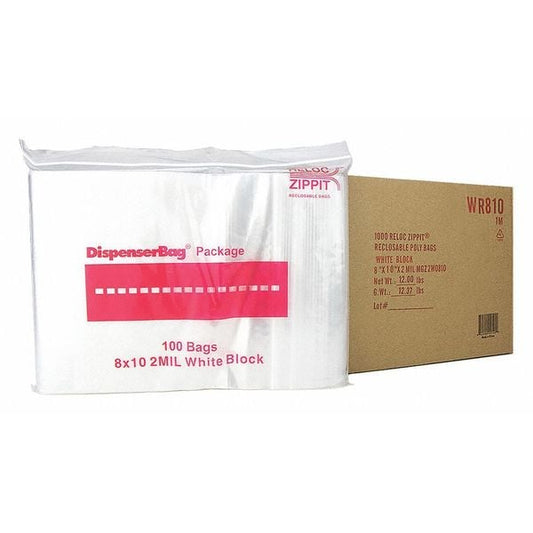 Clear Reclosable Bags, 2mil, 8"x10", PK1000, 10 L, 8 W, White Block