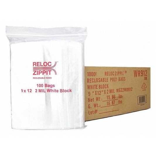 Clear Reclosable Bags, 2mil, 9"x12", PK1000, 12 L, 9 W, White Block