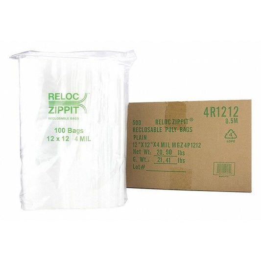 Clear Reclosable Bags, 4mil, 12"x12", PK500, 12 L, 12 W, Clear