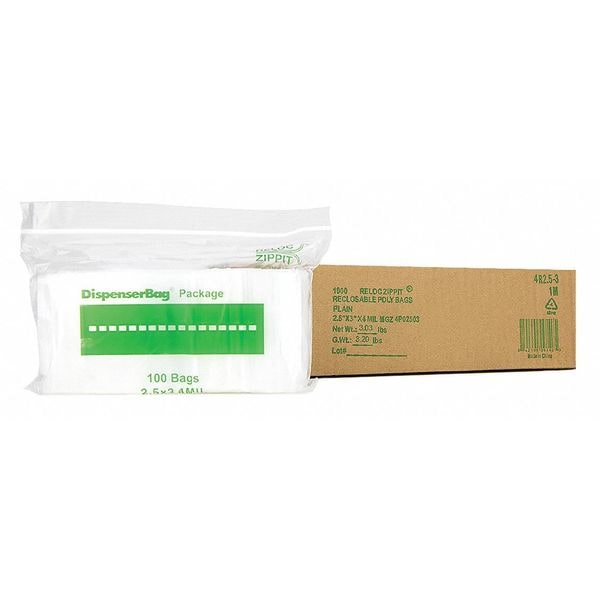 Clear Reclosable Bags, 4mil, 2.5x3", PK1000, 3 L, 2.5 W, Clear
