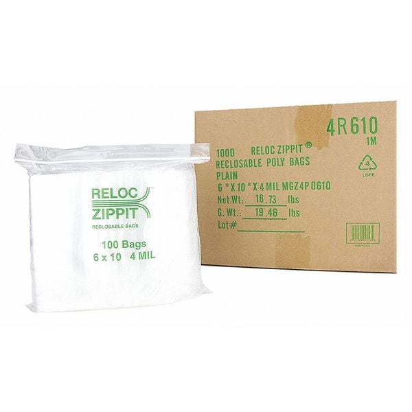 Clear Reclosable Bags, 4mil, 6"x10", PK1000, 10 L, 6 W, Clear