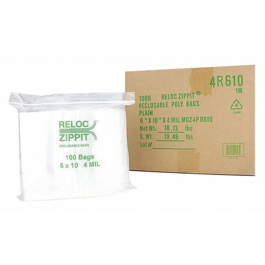 Clear Reclosable Bags, 4mil, 6"x10", PK1000, 10 L, 6 W, Clear