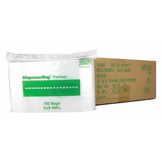 Clear Reclosable Bags, 4 mil, 6"x9", PK1000, 9 L, 6 W, Clear