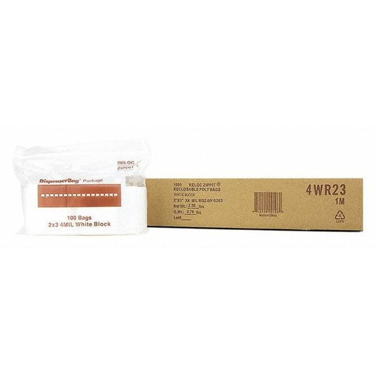 Clear Reclosable Bags, 4 mil, 2"x3", PK1000, 3 L, 2 W, White Block