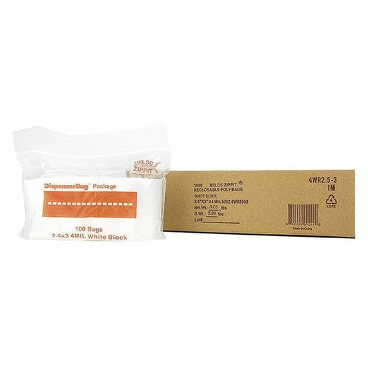 Clear Reclosable Bags, 4mil, 2.5x3", PK1000, 3 L, 2.5 W, White Block