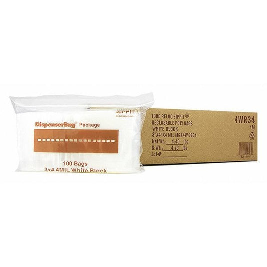 Clear Reclosable Bags, 4 mil, 3"x4", PK1000, 4 L, 3 W, White Block