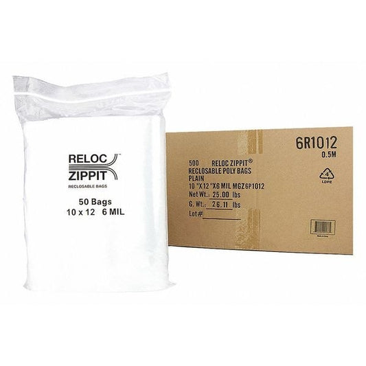 Clear Reclosable Bags, 6mil, 10"x12", PK500, 12 L, 10 W, Clear