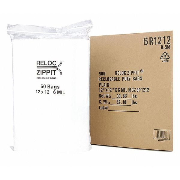 Clear Reclosable Bags, 6mil, 12"x12", PK500, 12 L, 12 W, Clear