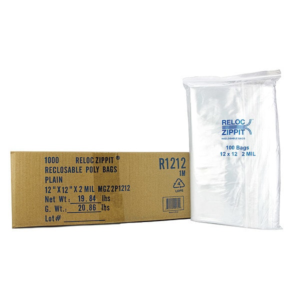 Reclosable Poly Bag, Zip Seal, 12 in L, 12 in W, 2 mil Thick, Polyethylene, Clear
