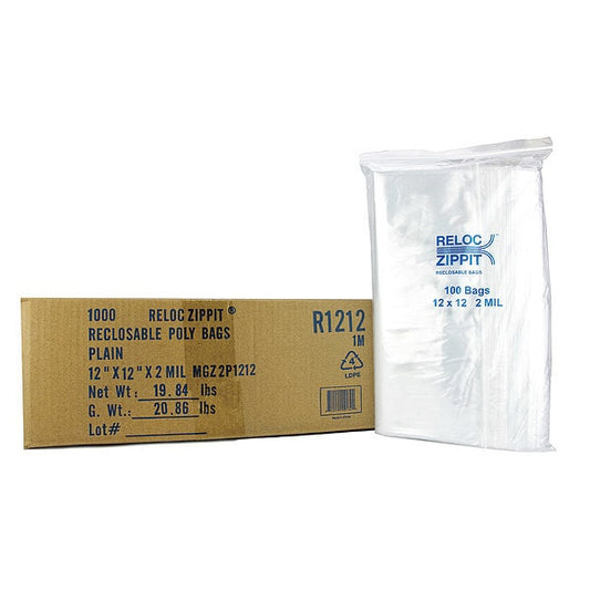 Reclosable Poly Bag, Zip Seal, 12 in L, 12 in W, 2 mil Thick, Polyethylene, Clear