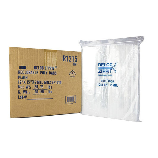 Reclosable Poly Bag, Zip Seal, 15 in L, 12 in W, 2 mil Thick, Polyethylene, Clear