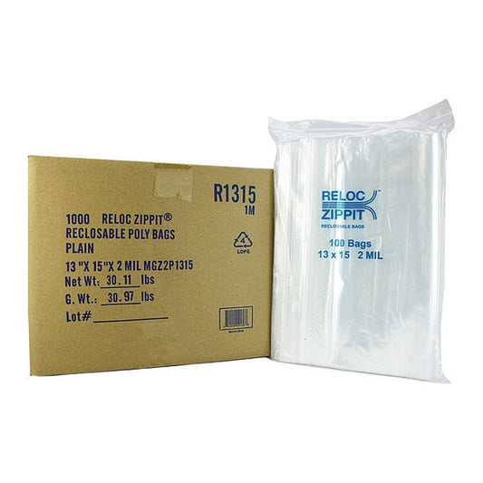 Reclosable Poly Bag, Zip Seal, 15 in L, 13 in W, 2 mil Thick, Polyethylene, Clear