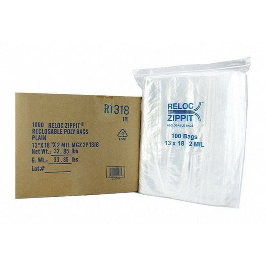 Reclosable Poly Bag, Zip Seal, 18 in L, 13 in W, 2 mil Thick, Polyethylene, Clear