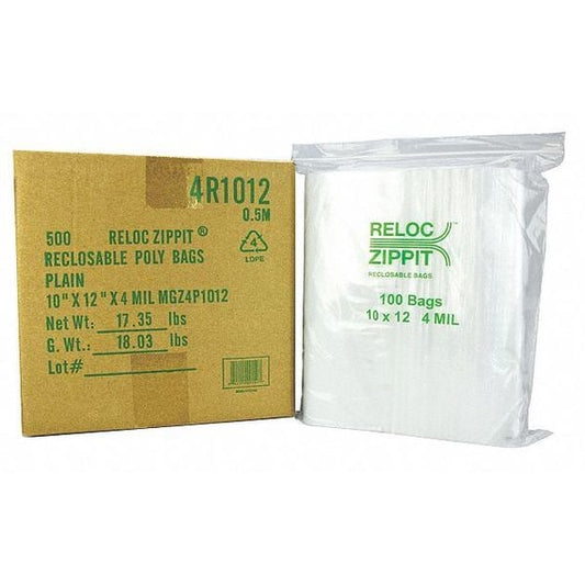 Reclosable Poly Bag, Zip Seal, 12 in L, 10 in W, 4 mil Thick, Polyethylene, Clear