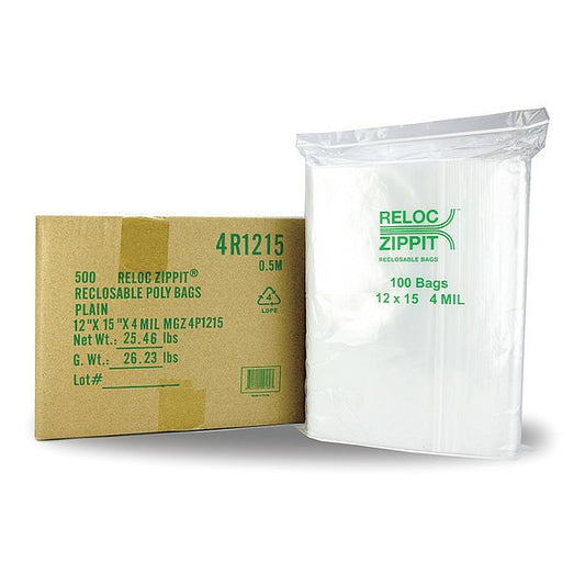 Reclosable Poly Bag, Zip Seal, 15 in L, 12 in W, 4 mil Thick, Polyethylene, Clear