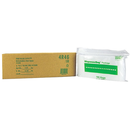 Reclosable Poly Bag, Zip Seal, 6 in L, 4 in W, 4 mil Thick, Polyethylene, Clear