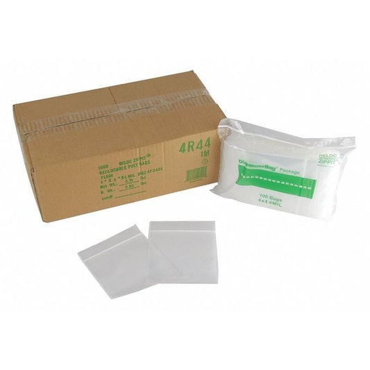 Reclosable Poly Bag, Zip Seal, 4 in L, 4 in W, 4 mil Thick, Polyethylene, Clear