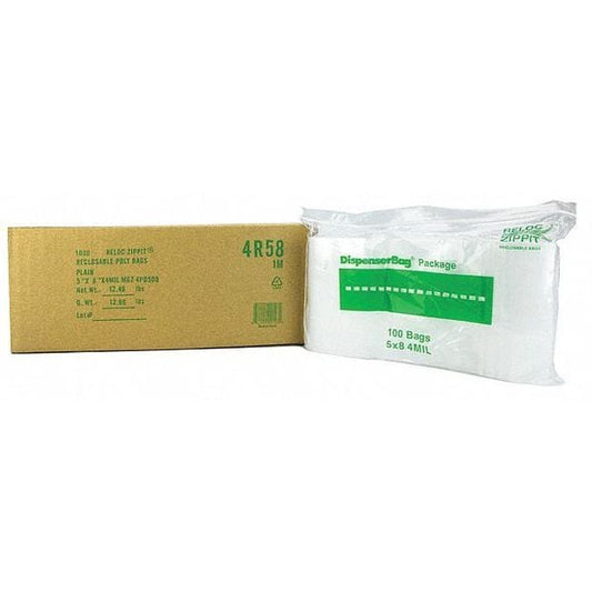 Reclosable Poly Bag, Zip Seal, 8 in L, 5 in W, 4 mil Thick, Polyethylene, Clear