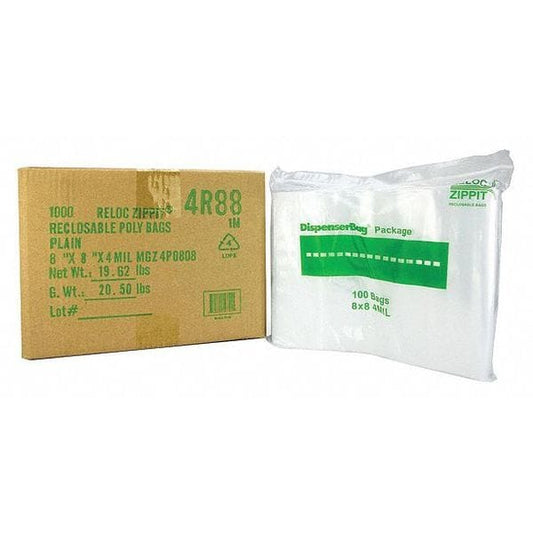 Reclosable Poly Bag, Zip Seal, 8 in L, 8 in W, 4 mil Thick, Polyethylene, Clear