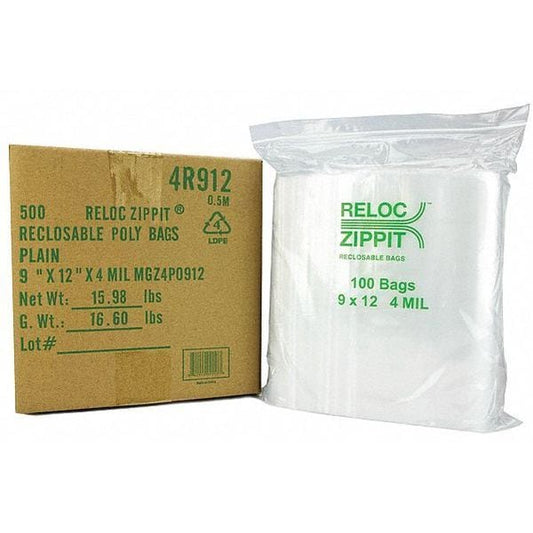 Reclosable Poly Bag, Zip Seal, 12 in L, 9 in W, 4 mil Thick, Polyethylene, Clear