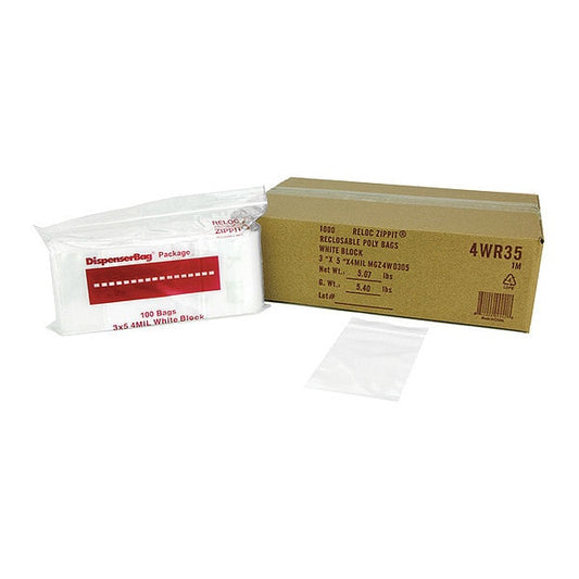 Reclosable Poly Bag, Zip Seal, 5 in L, 3 in W, 4 mil Thick, Polyethylene, Clear
