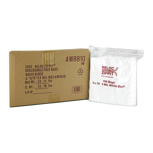 Reclosable Poly Bag, Zip Seal, 10 in L, 8 in W, 4 mil Thick, Polyethylene, Clear