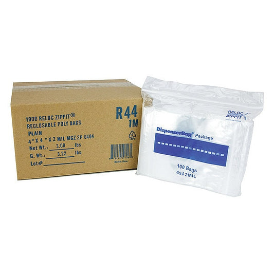 Reclosable Poly Bag, Zip Seal, 4 in L, 4 in W, 2 mil Thick, Polyethylene, Clear