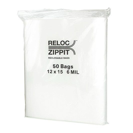 Reclosable Poly Bag, Zip Seal, 15 in L, 12 in W, 6 mil Thick, Polyethylene, Clear