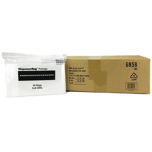 Reclosable Poly Bag, Zip Seal, 8 in L, 5 in W, 6 mil Thick, Polyethylene, Clear