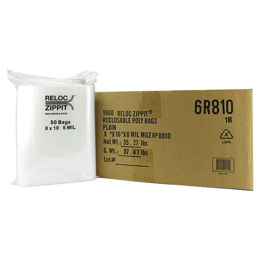 Reclosable Poly Bag, Zip Seal, 10 in L, 8 in W, 6 mil Thick, Polyethylene, Clear