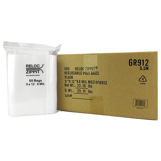 Reclosable Poly Bag, Zip Seal, 12 in L, 9 in W, 6 mil Thick, Polyethylene, Clear