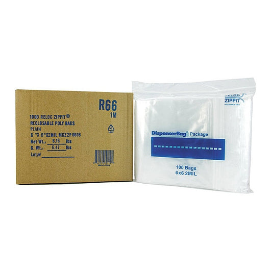 Reclosable Poly Bag, Zip Seal, 6 in L, 6 in W, 2 mil Thick, Polyethylene, Clear