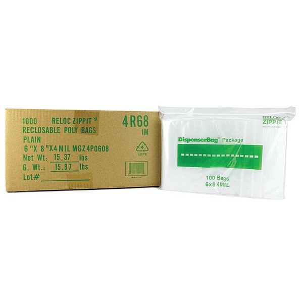 Reclosable Poly Bag, Zip Seal, 8 in L, 6 in W, 4 mil Thick, Polyethylene, Clear