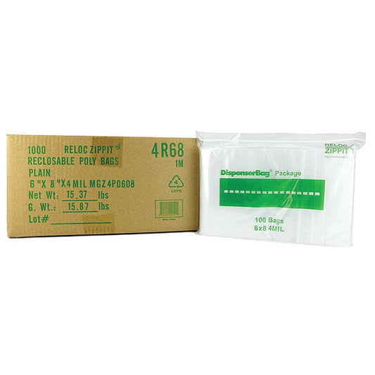 Reclosable Poly Bag, Zip Seal, 8 in L, 6 in W, 4 mil Thick, Polyethylene, Clear