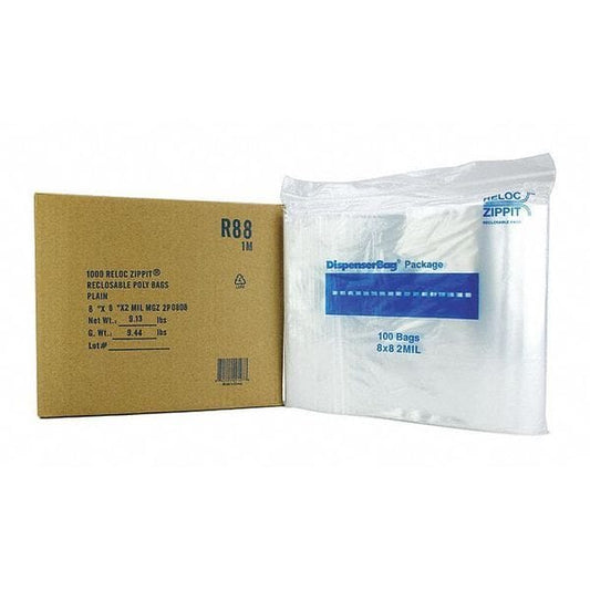Reclosable Poly Bag, Zip Seal, 8 in L, 8 in W, 2 mil Thick, Polyethylene, Clear