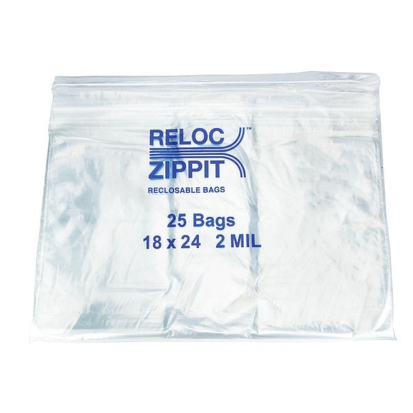 Reclosable Poly Bag, Zip Seal, 24 in L, 18 in W, 2 mil Thick, Polyethylene, Clear