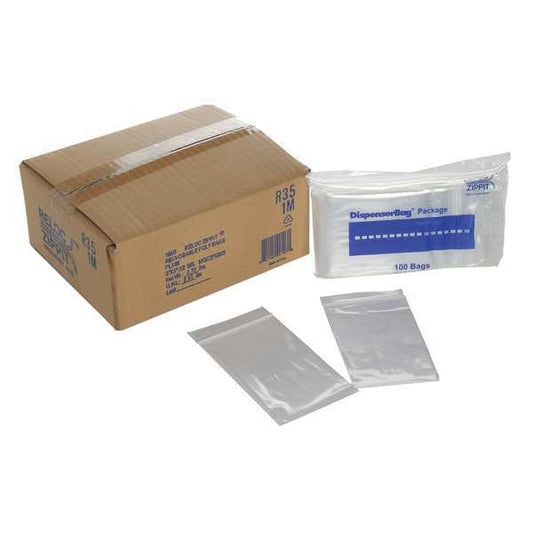 Reclosable Poly Bag, Zip Seal, 5 in L, 3 in W, 2 mil Thick, Polyethylene, Clear