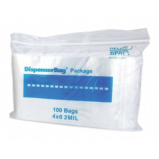 Reclosable Poly Bag, Zip Seal, 6 in L, 4 in W, 2 mil Thick, Polyethylene, Clear