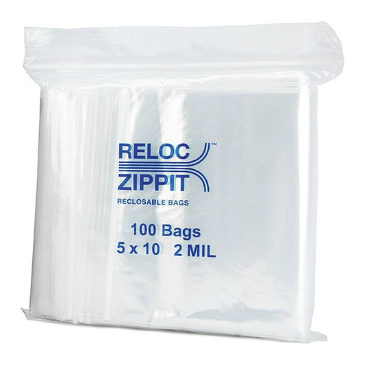 Reclosable Poly Bag, Zip Seal, 10 in L, 5 in W, 2 mil Thick, Polyethylene, Clear