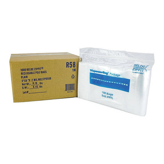 Reclosable Poly Bag, Zip Seal, 8 in L, 5 in W, 2 mil Thick, Polyethylene, Clear